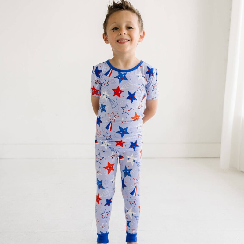 Blue Stars & Stripes Two-Piece Short Sleeve Bamboo Viscose Pajama Set from Little Sleepies