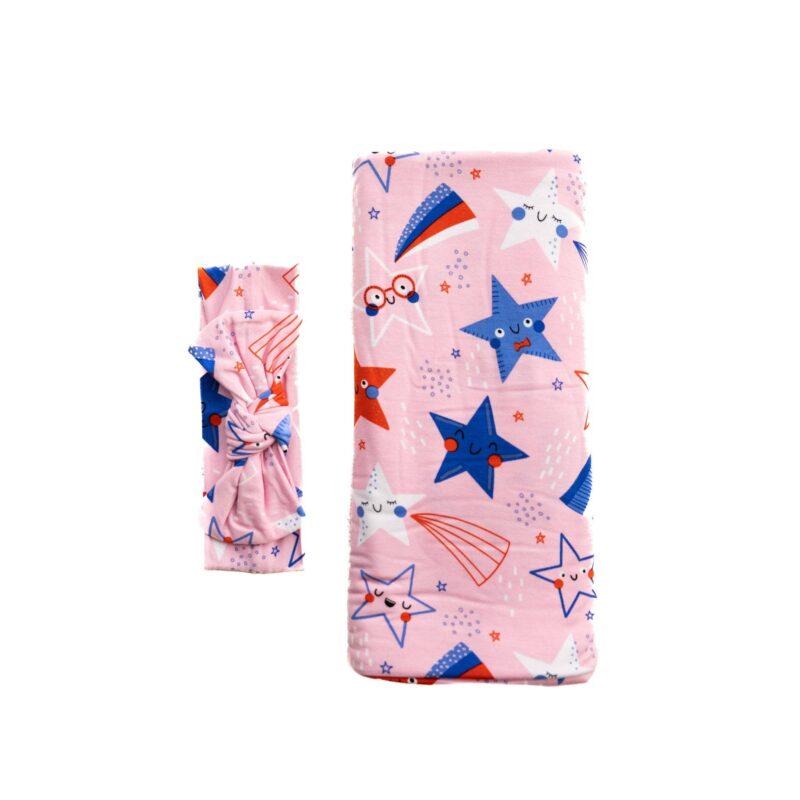 Pink Stars & Stripes Bamboo Viscose Swaddle and Headband Set made by Little Sleepies