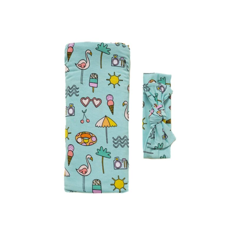 Pool Party Bamboo Viscose Swaddle and Headband Set from Little Sleepies