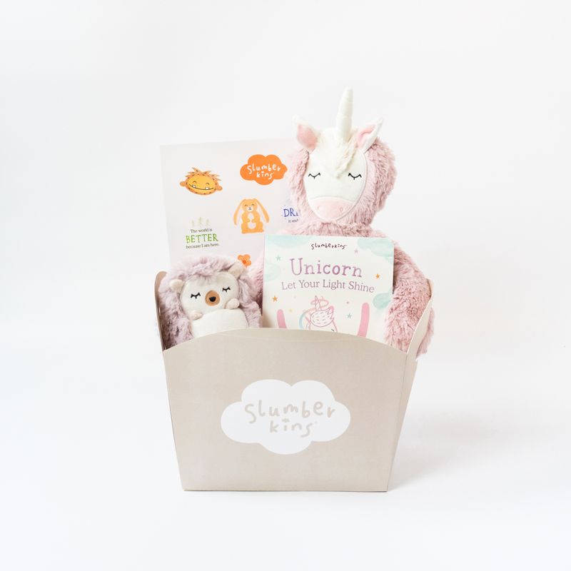 Slumberkins Rose Unicorn Kin and Lavender Hedgehog Mini Authenticity Gift Basket