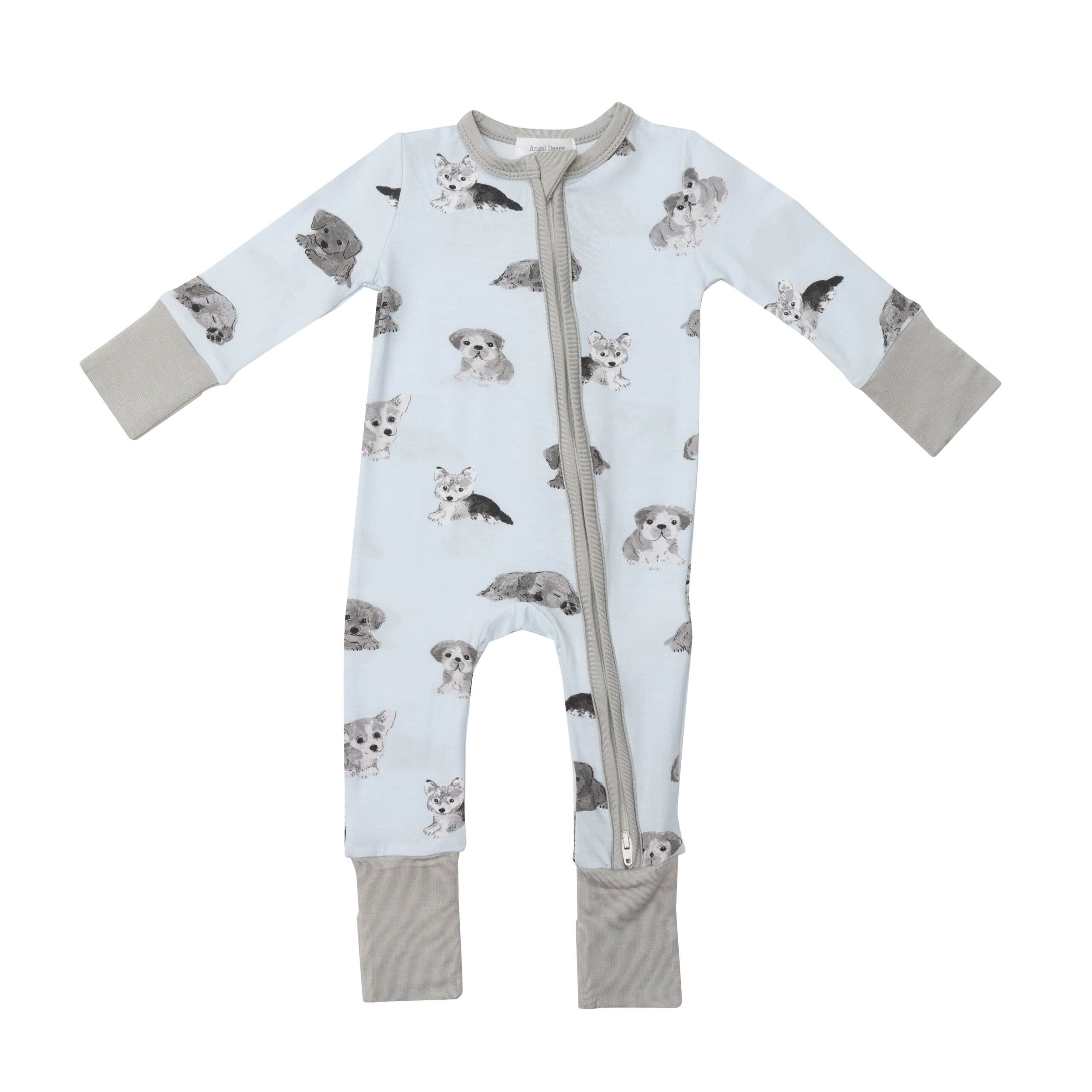 Angel Dear Soft Grey Puppies Bamboo Viscose Zipper Romper Blossom