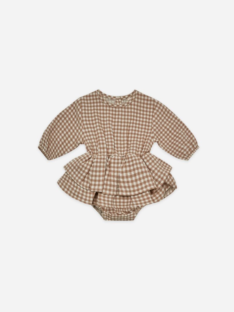 Rosie Romper in Cocoa Gingham from Quincy Mae
