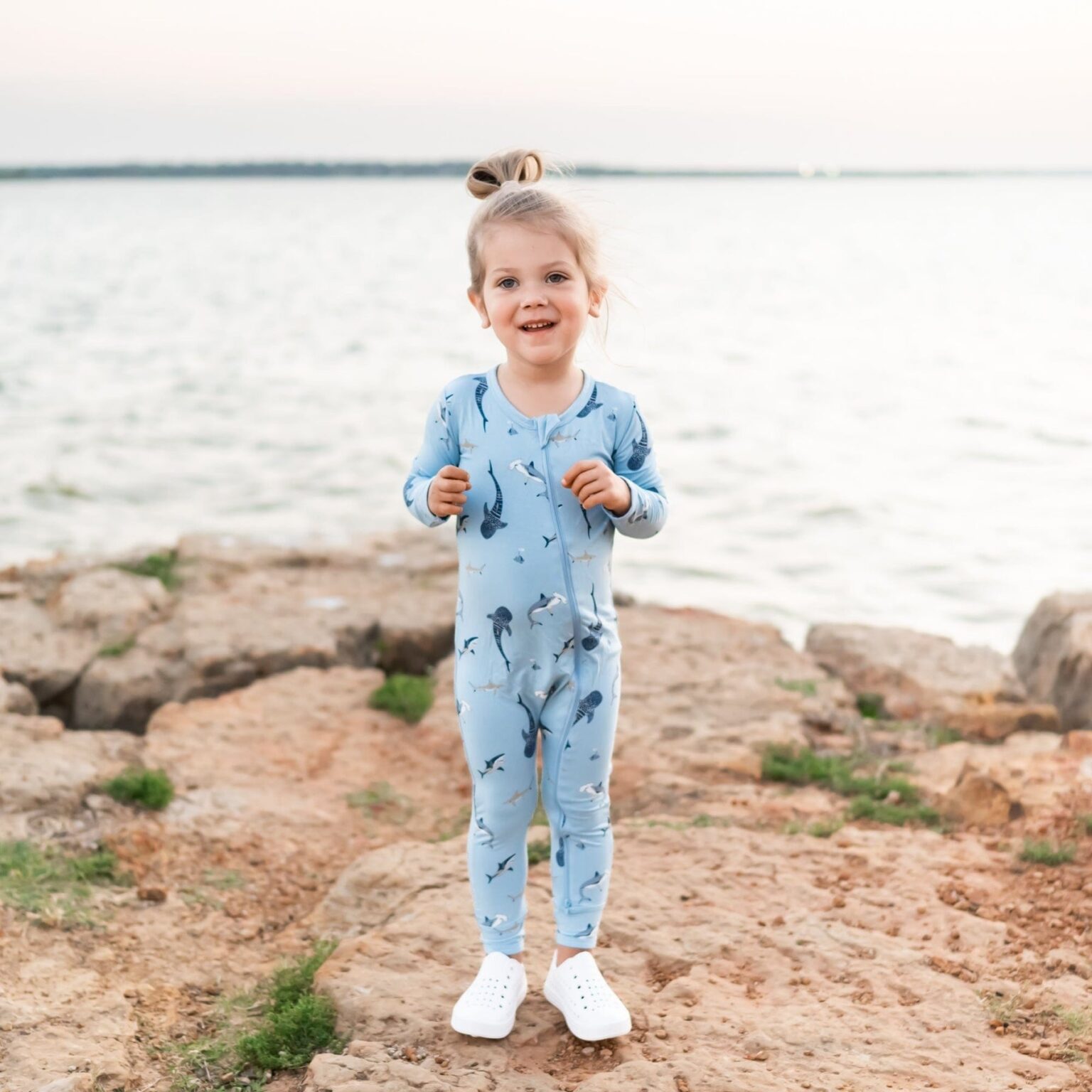 Kyte BABY Zippered Romper in Stream Shark Blossom