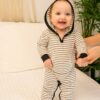 Yacht Stripe White Bamboo Hooded Pocket Romper available at Blossom