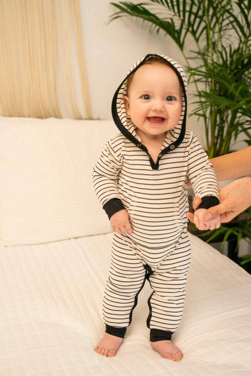 Yacht Stripe White Bamboo Hooded Pocket Romper available at Blossom