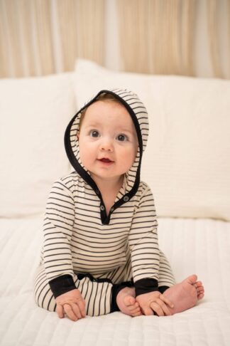 Sweet Bamboo Yacht Stripe White Bamboo Hooded Pocket Romper