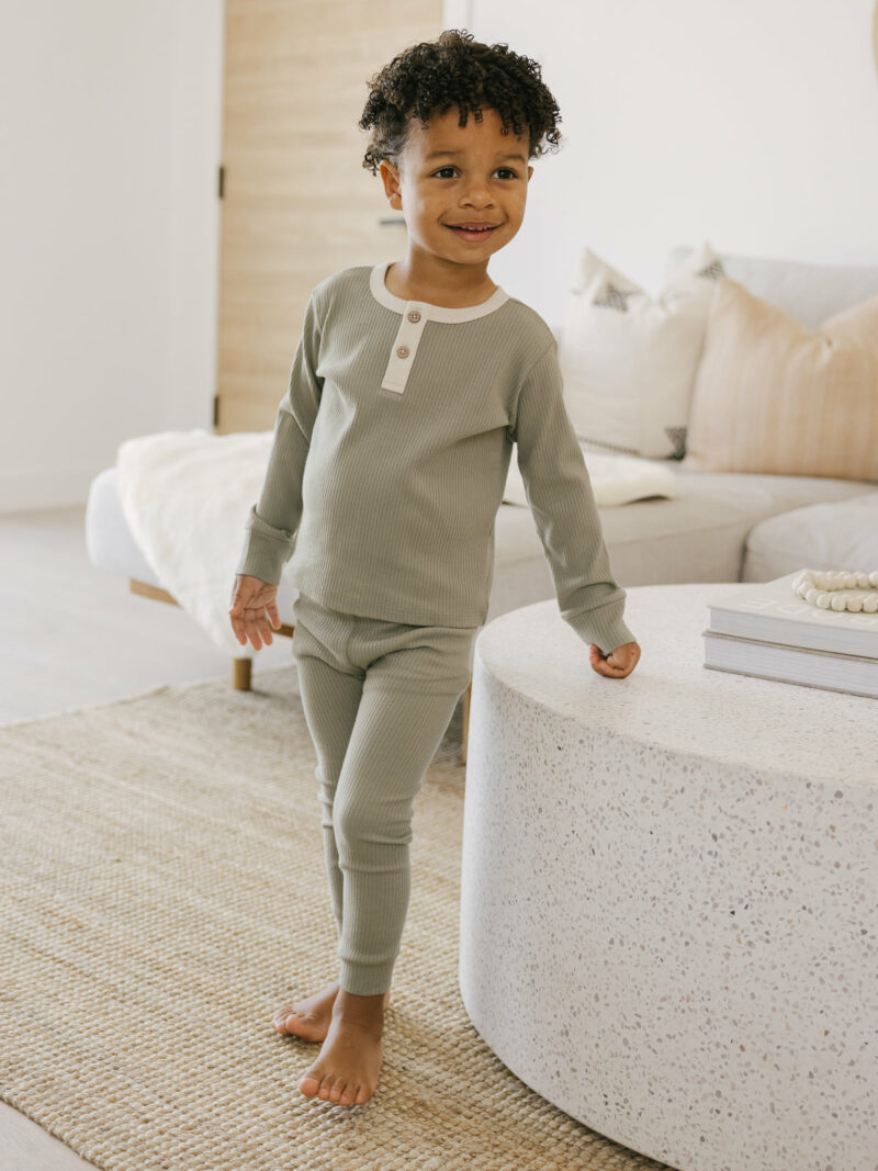 Ribbed Long Sleeve Henley In Fern from Quincy Mae