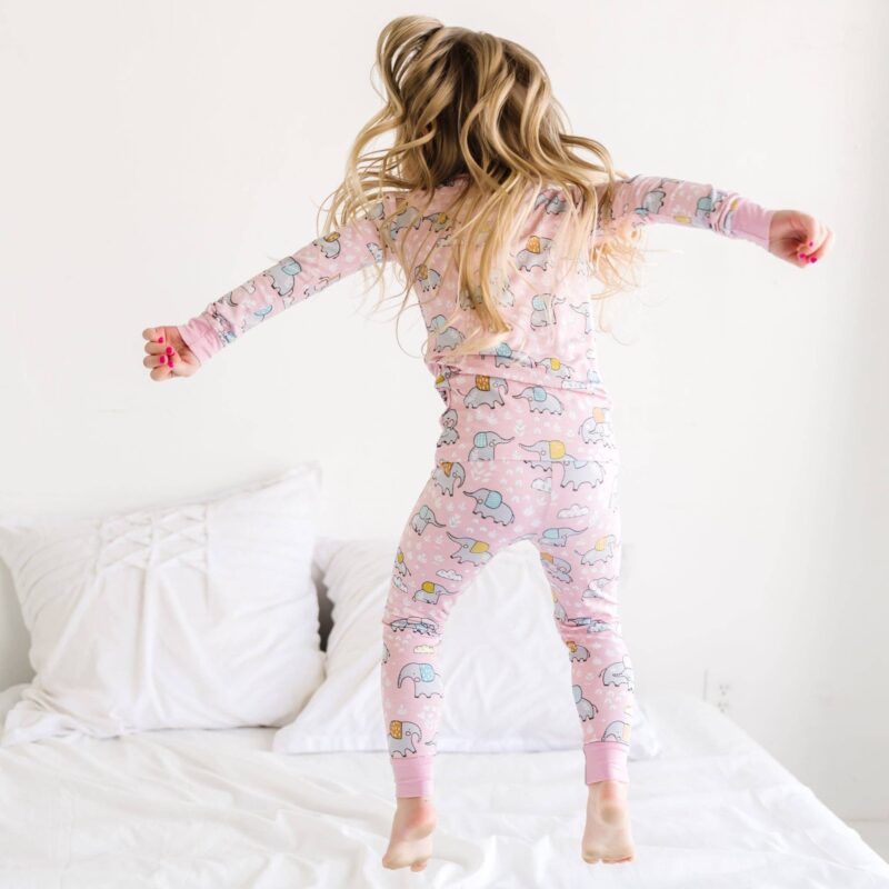 Pink Elephant Snuggles Two-Piece Bamboo Viscose Pajama Set available at Blossom