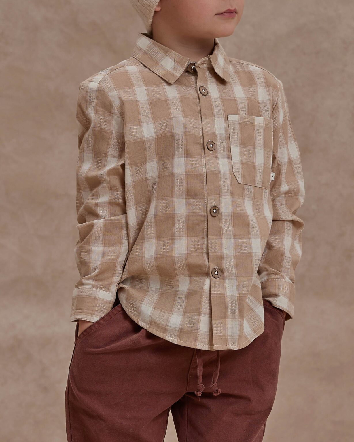 Collared Long Sleeve Shirt In Putty Plaid