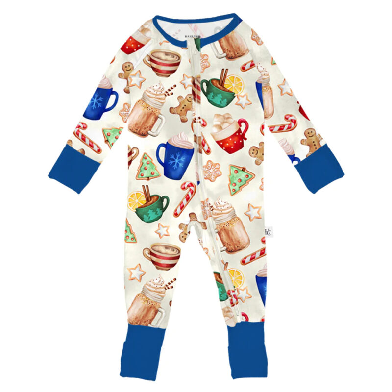 Hot cocoa cookies and candy canes print on light beighe with dark blue cuffs and neck collar. Bamboo viscose rompsie from Hanlyn Collective