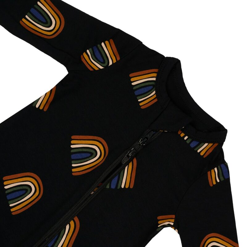 Zippered Footie in Rust Rainbow on Midnight available at Blossom