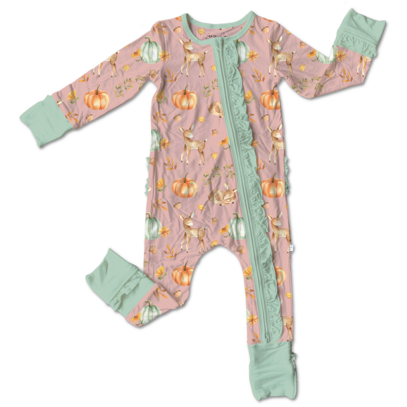 Laree + Co. Pink Deer Bamboo Viscose Ruffle Convertible Zipper Footie