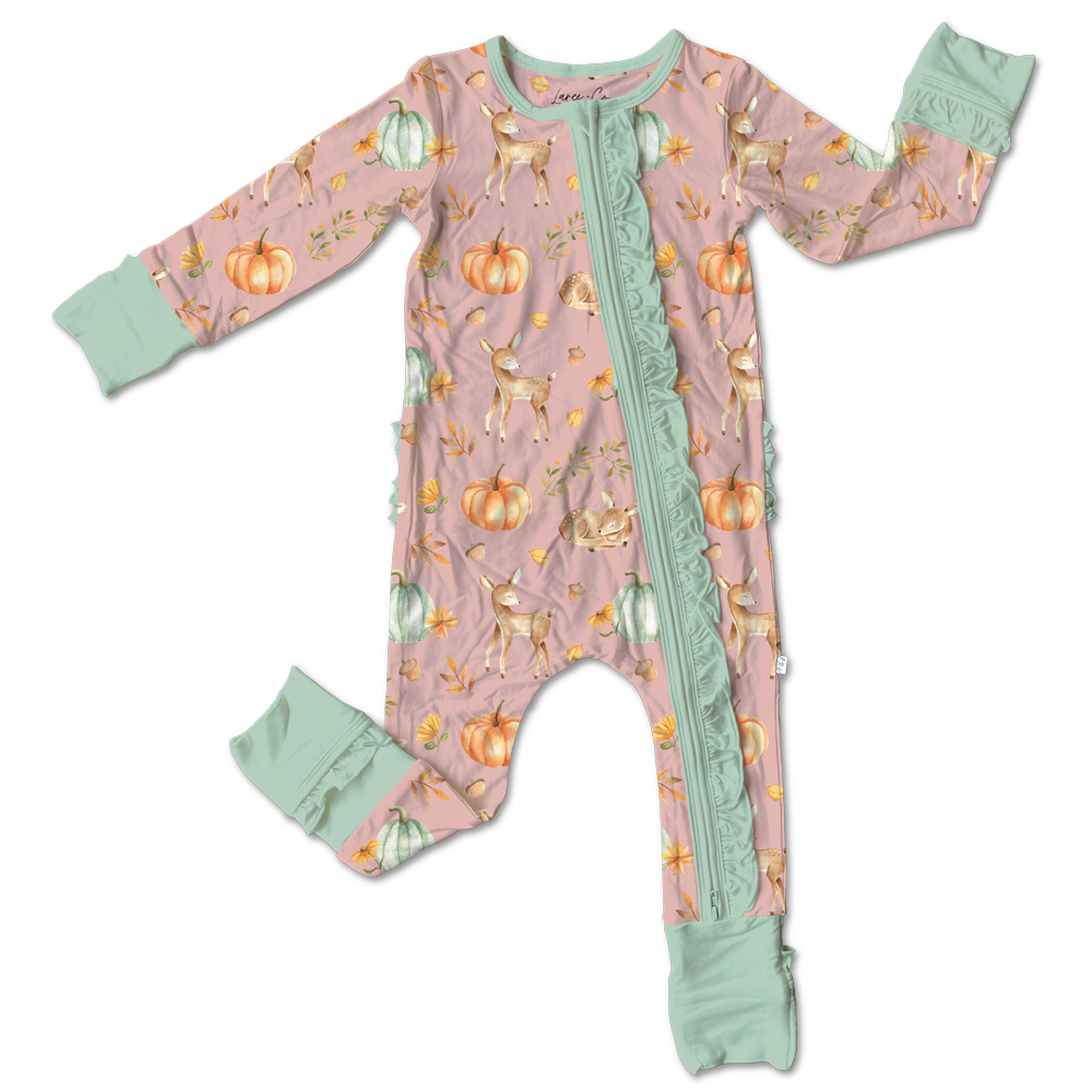 Laree + Co. Pink Deer Bamboo Viscose Ruffle Convertible Zipper Footie