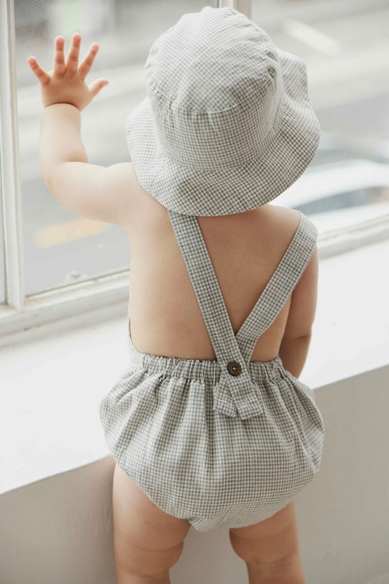Organic Cotton Gingham Samy Romper in Sky available at Blossom