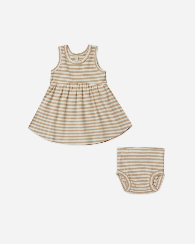 Quincy Mae Ribbed Tank Dress + Bloomer in Latte Stripe