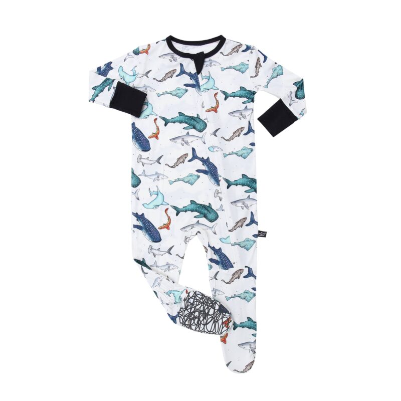 Watercolor Sharks Bamboo Viscose Footie from Peregrine Kidswear