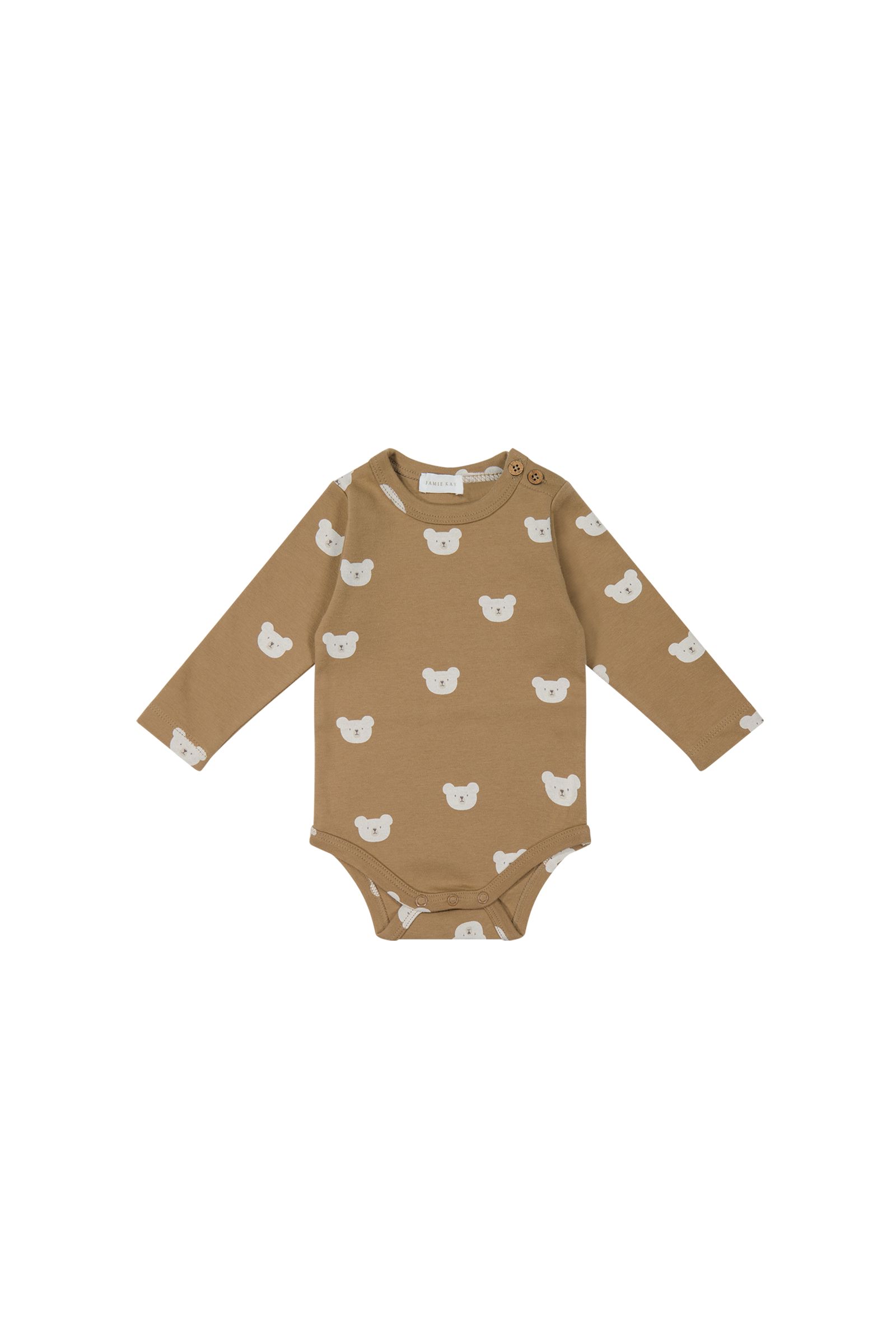 Jamie Kay Organic Cotton Fernley Long Sleeve Bodysuit in Bears Caramel Cream