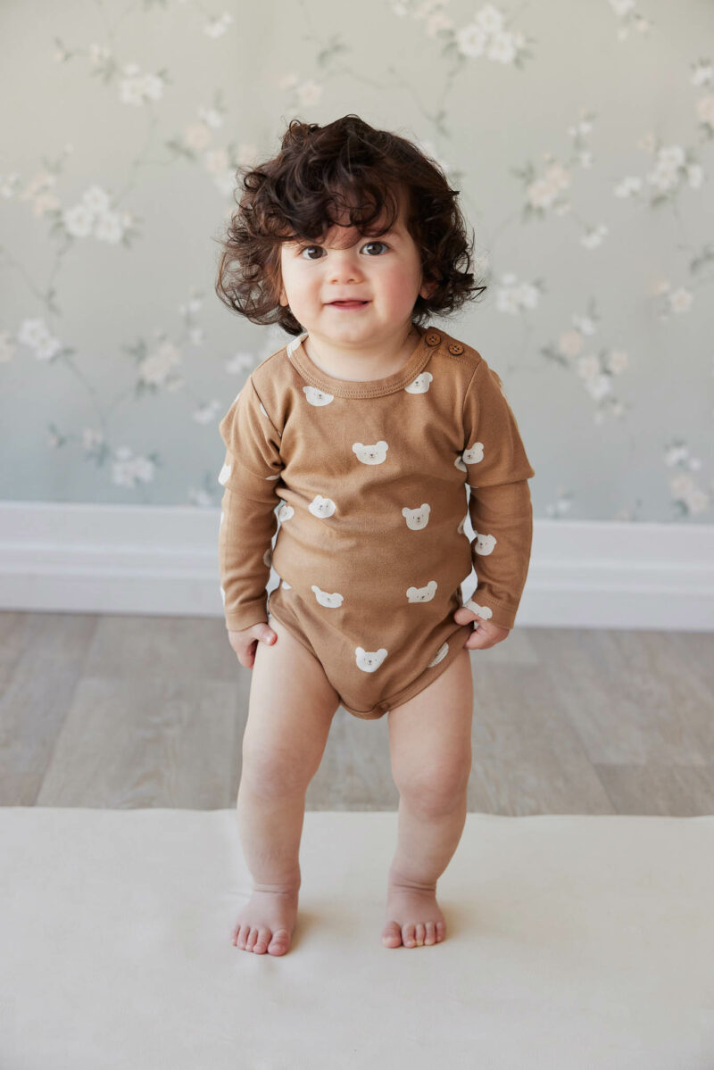 Organic Cotton Fernley Long Sleeve Bodysuit in Bears Caramel Cream from Jamie Kay