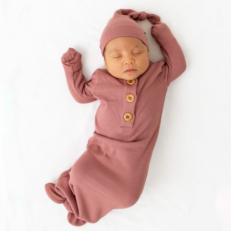 Kyte BABY Ribbed Knotted Gown with Hat Set in Dusty Rose Blossom
