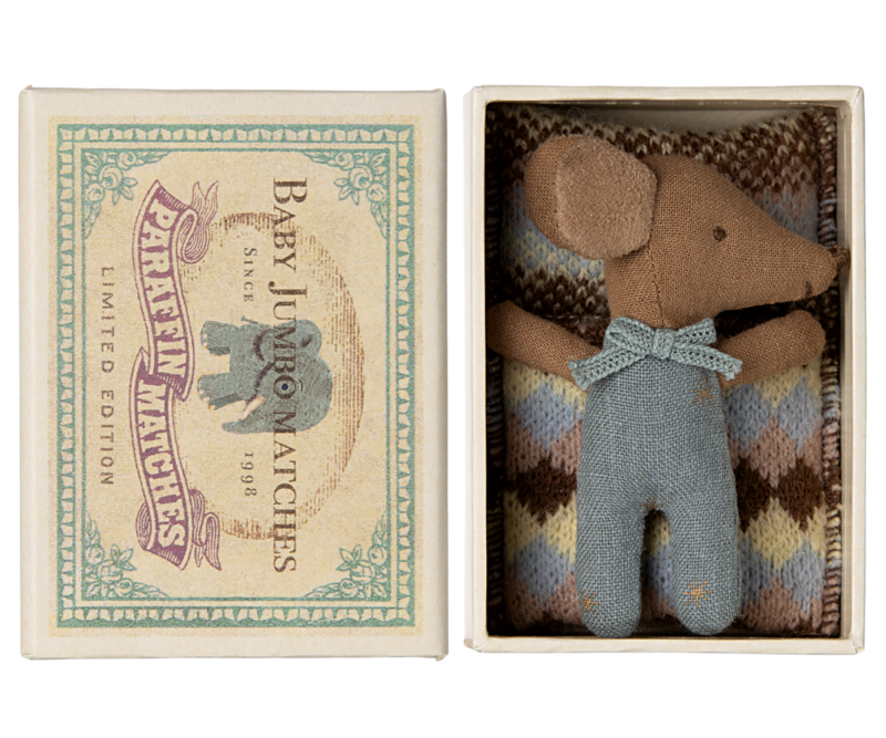 Maileg Sleepy Wakey Baby Mouse in Matchbox in Blue