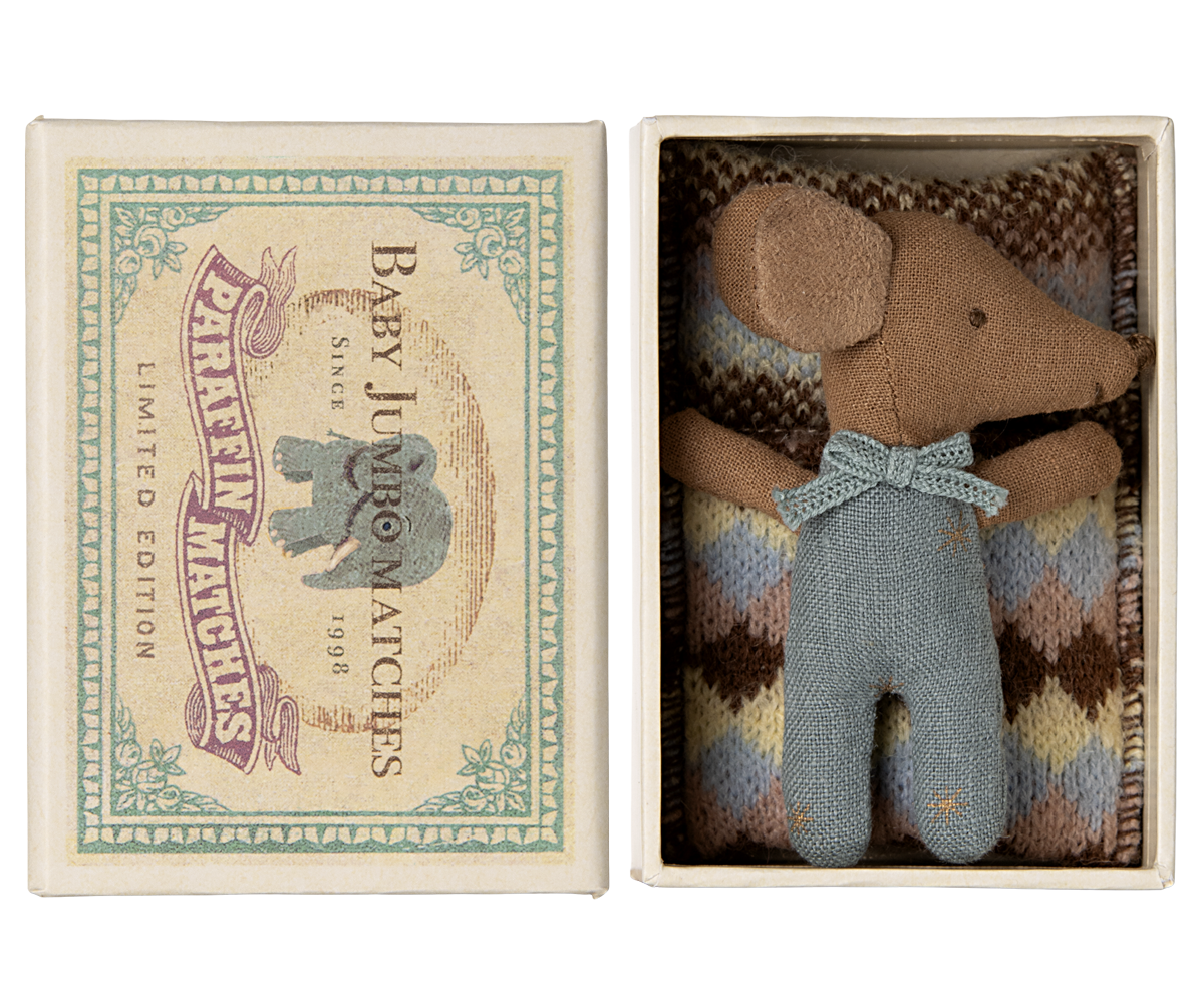 Maileg Sleepy Wakey Baby Mouse in Matchbox in Blue
