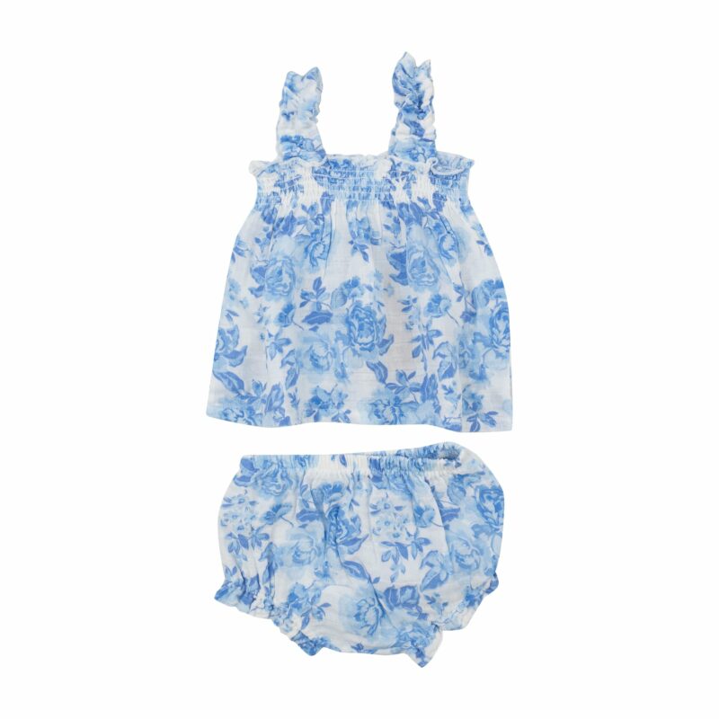 Roses In Blue Muslin Ruffly Strap Top And Bloomer Set