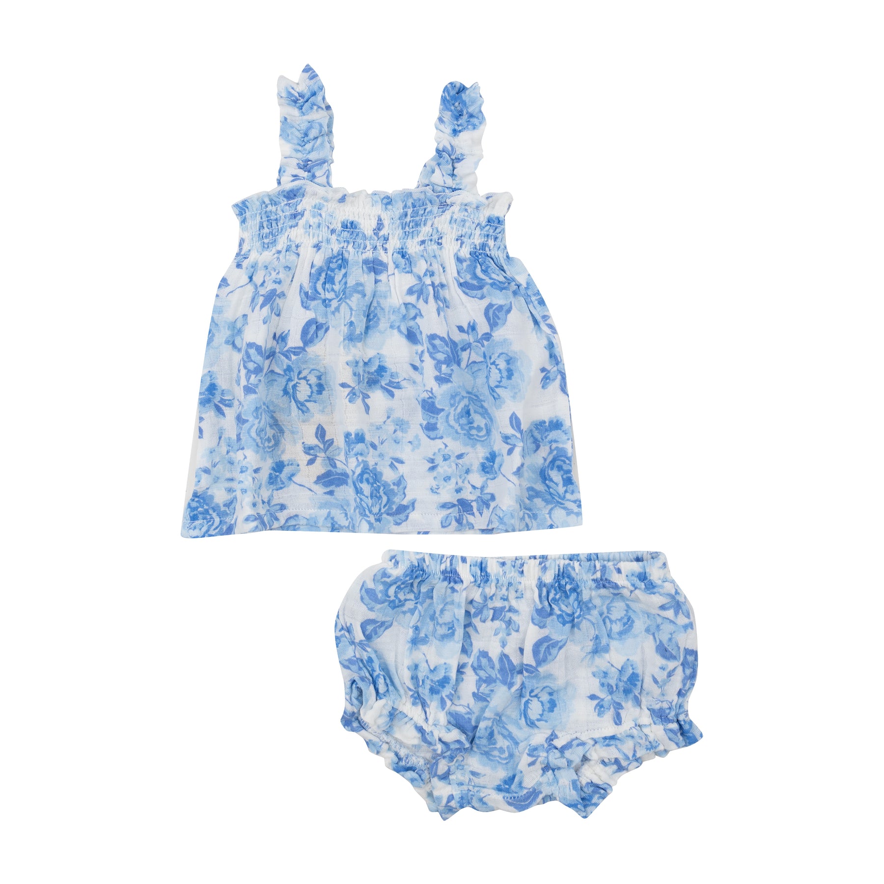 Angel Dear Roses In Blue Muslin Ruffly Strap Top And Bloomer Set