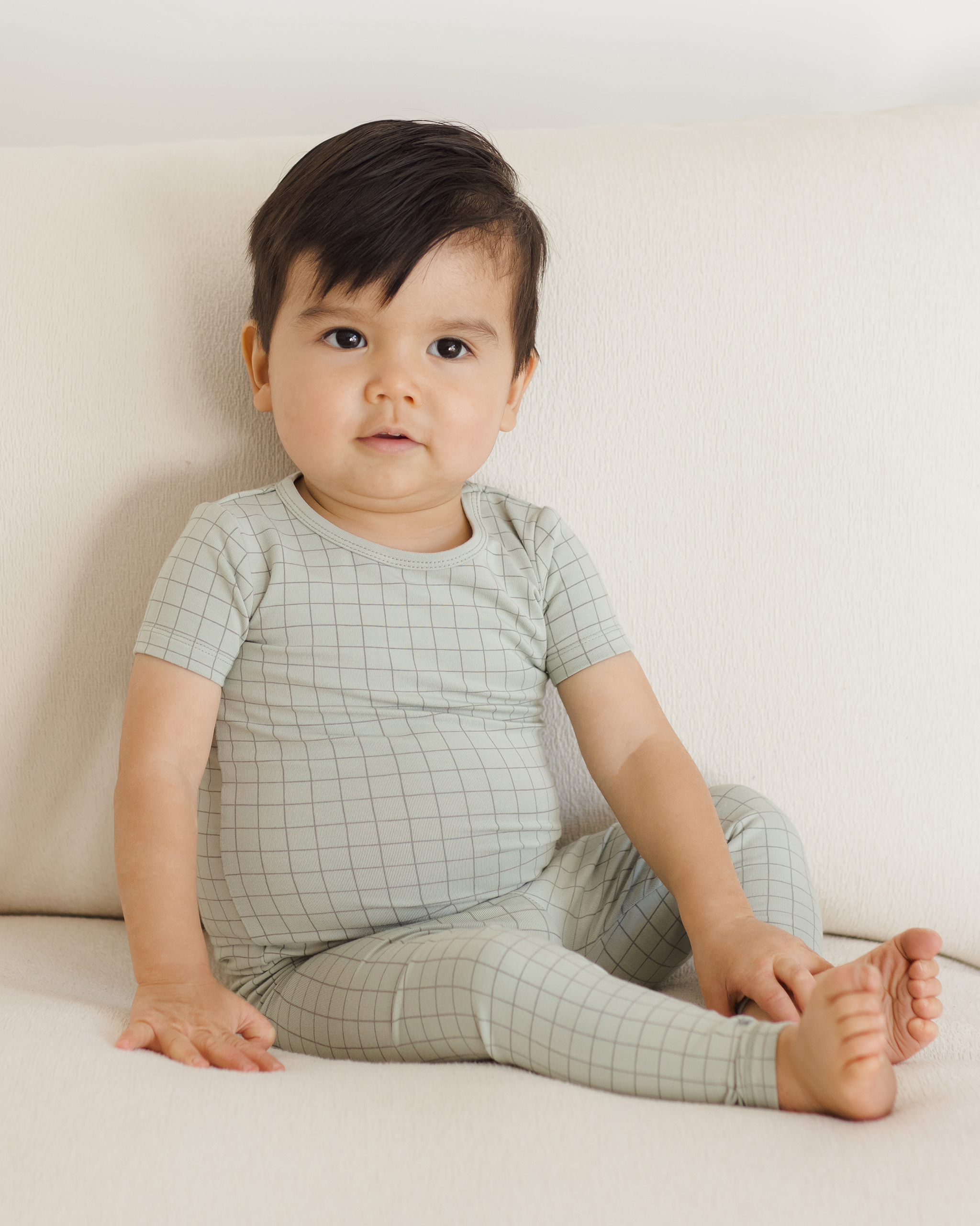 Quincy Mae Bamboo Short Sleeve Pajama Set In Sage Grid