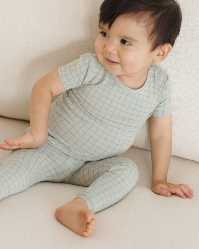 Bamboo Short Sleeve Pajama Set In Sage Grid from Quincy Mae