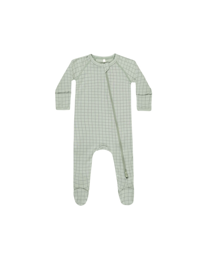 Quincy Mae Bamboo Zip Footie In Sage Grid