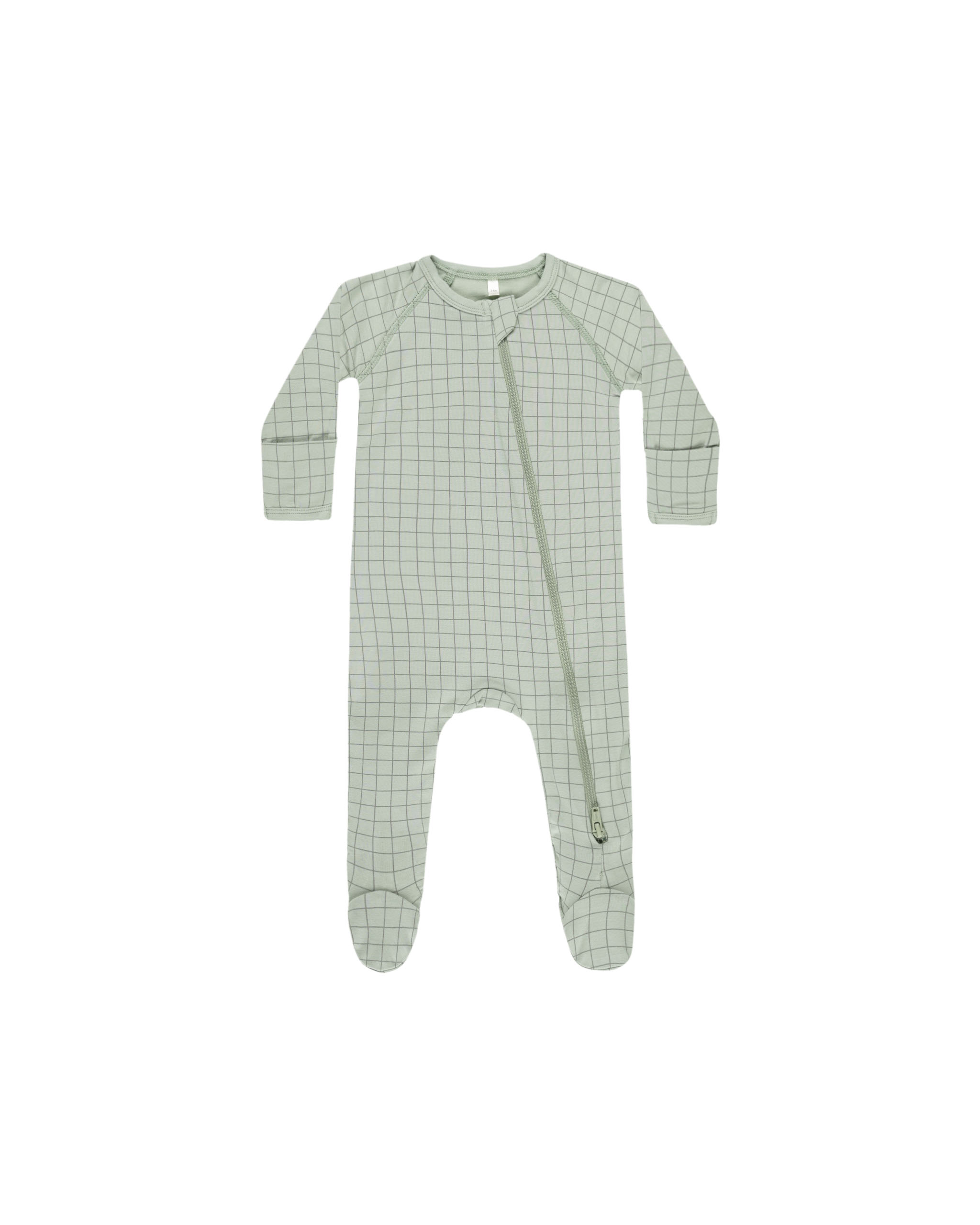 Quincy Mae Bamboo Zip Footie In Sage Grid
