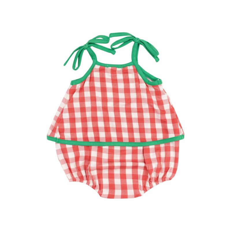 Strawberry Gingham Bamboo Viscose Swing Front Sunsuit With Applique