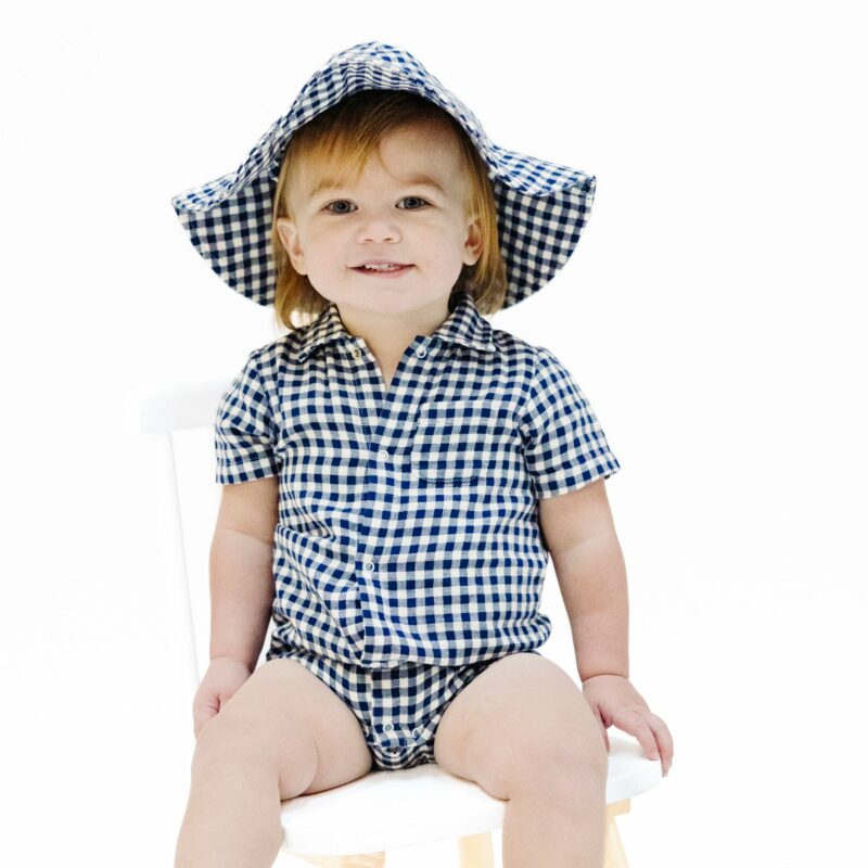 Navy Gingham Muslin Wide Brim Sunhat
