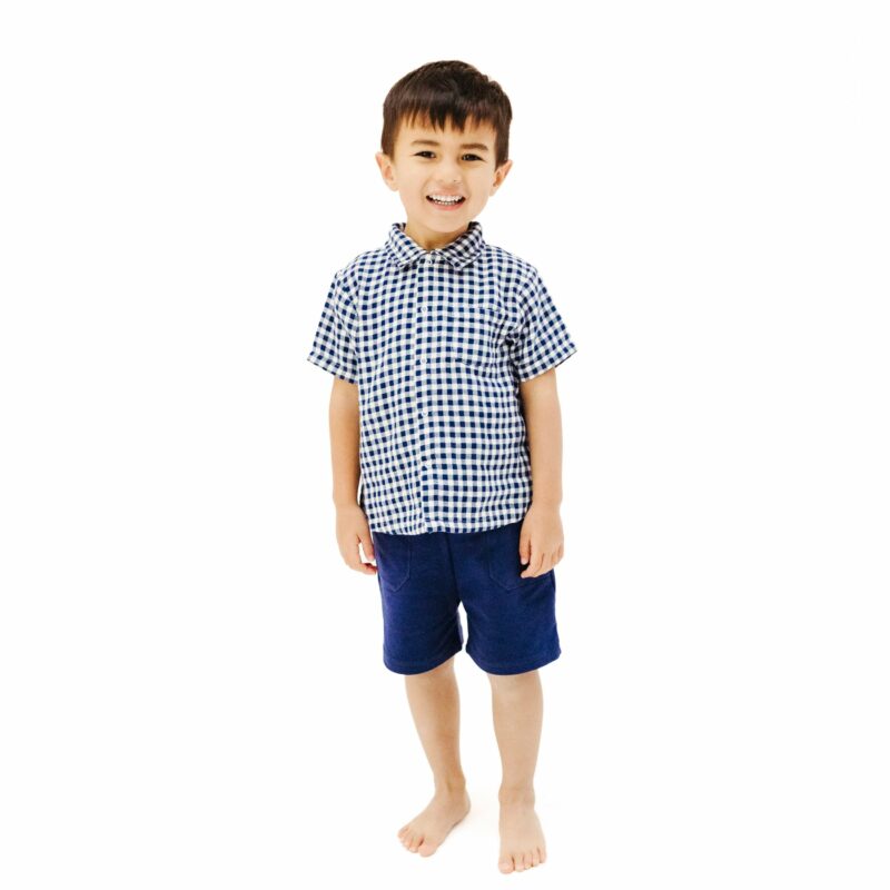 Navy Gingham Button Down Muslin Polo With French Terry Short from Angel Dear
