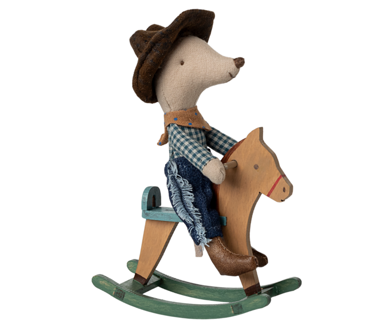 Little Brother Cowboy Mouse On Rocking Horse made by Maileg