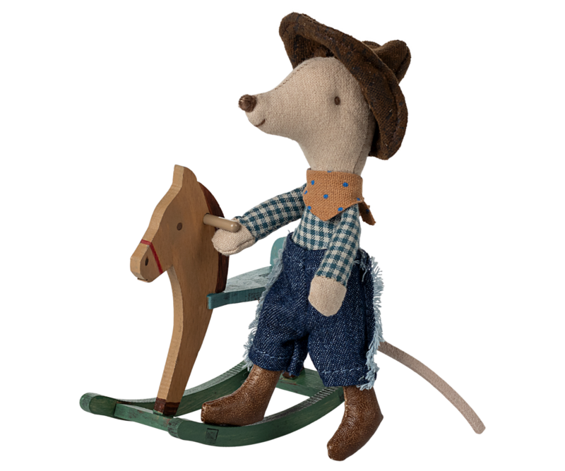 Maileg Little Brother Cowboy Mouse On Rocking Horse
