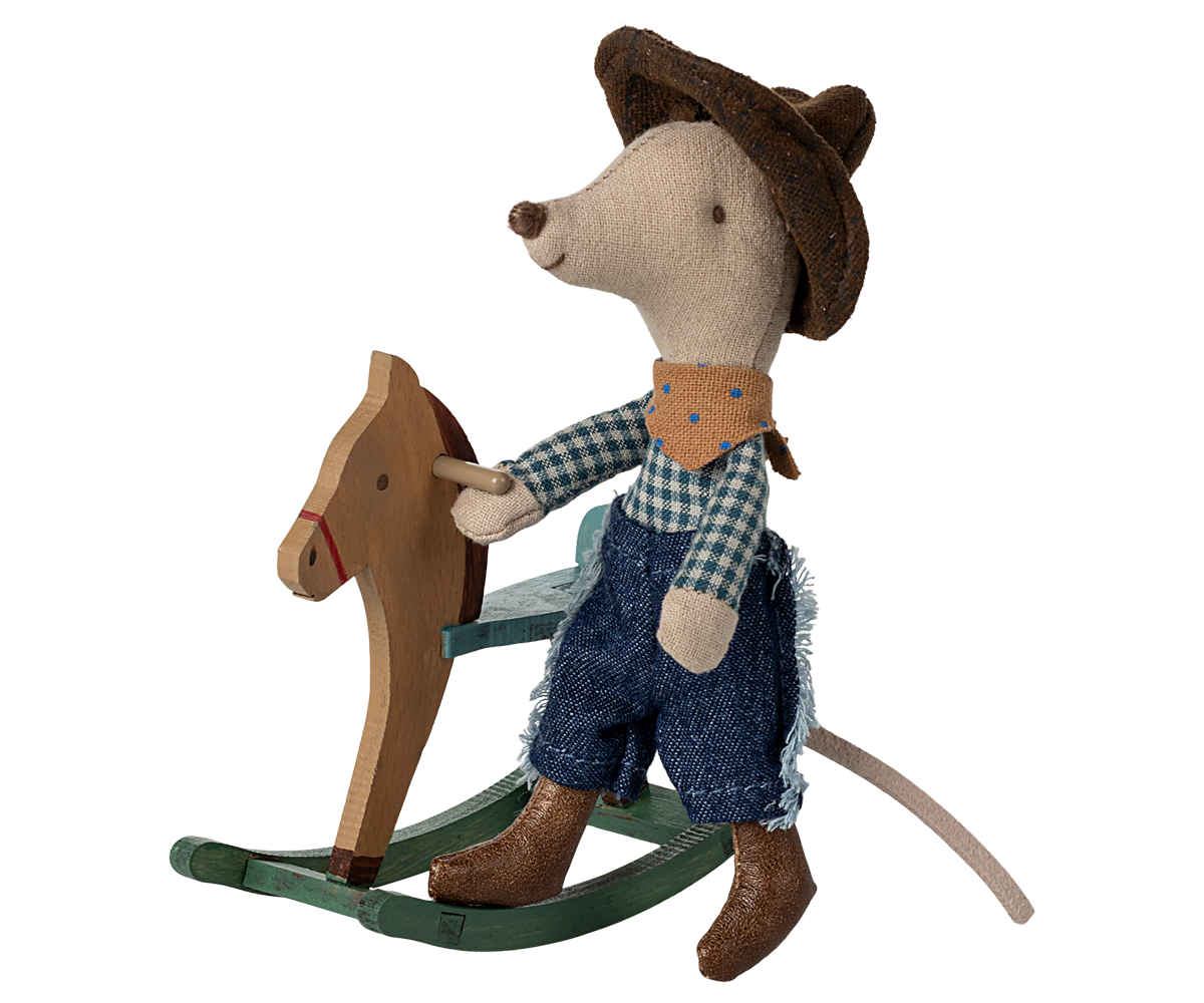 Maileg Little Brother Cowboy Mouse On Rocking Horse
