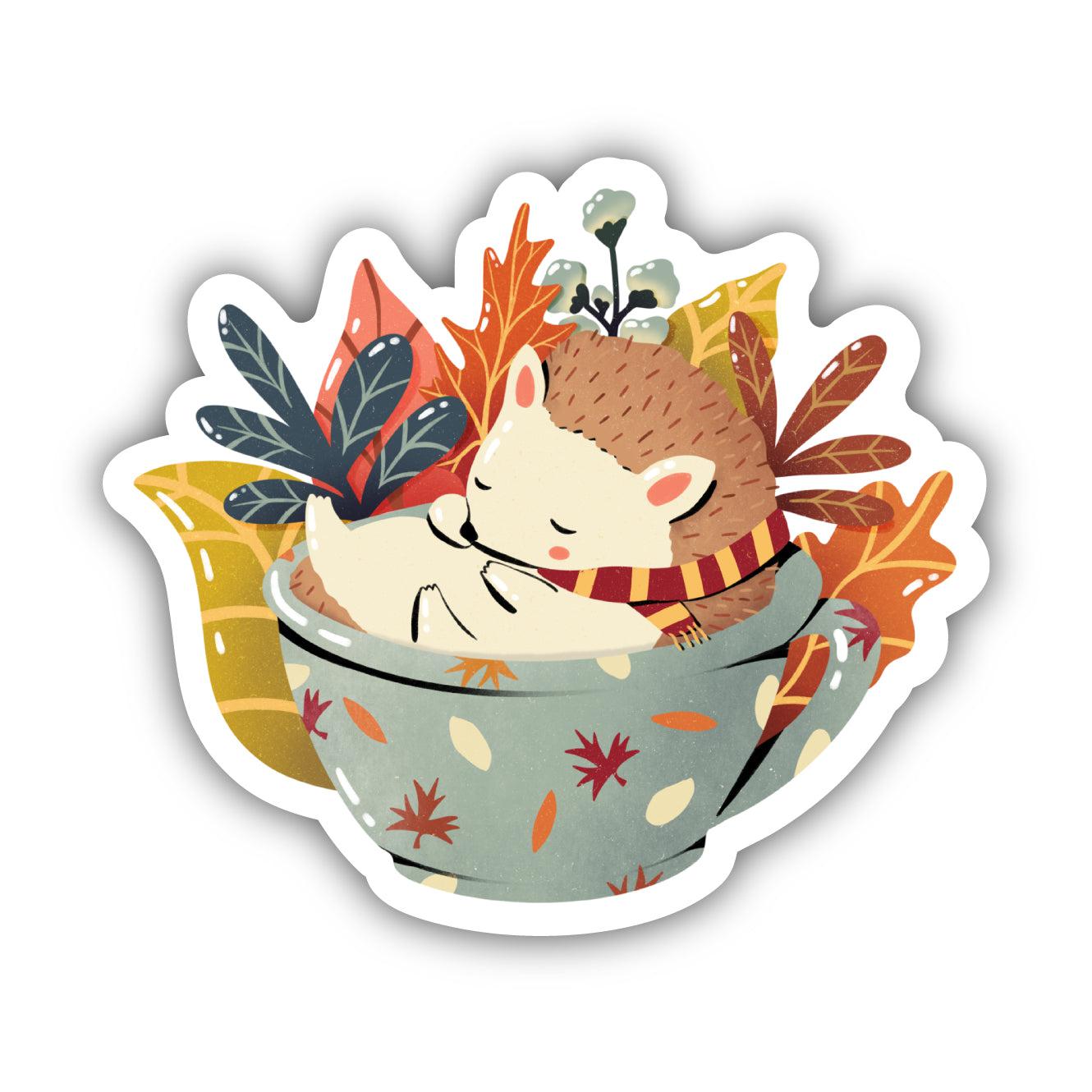 Big Moods Cozy Hedgehog In Cup With Autumn Leaves Sticker