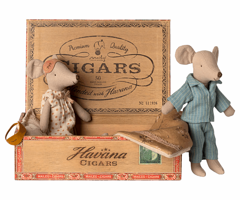 Mum & Dad Mice in Cigar Box Bed from Maileg