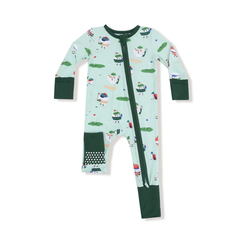 Angel Dear Golf Pros On Green Bamboo Viscose Zipper Romper