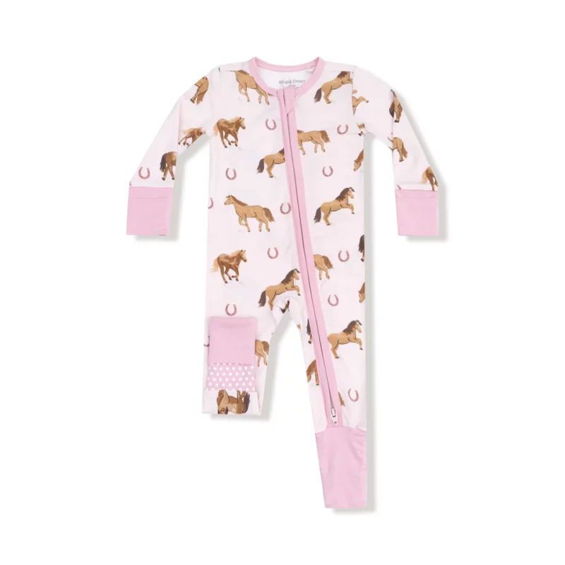 Angel Dear Horses on Pink  Romper Bamboo Viscose Zipper Romper