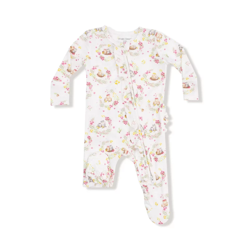 Floral Owl Families Bamboo Viscose Ruffle Zipper Footie from Angel Dear
