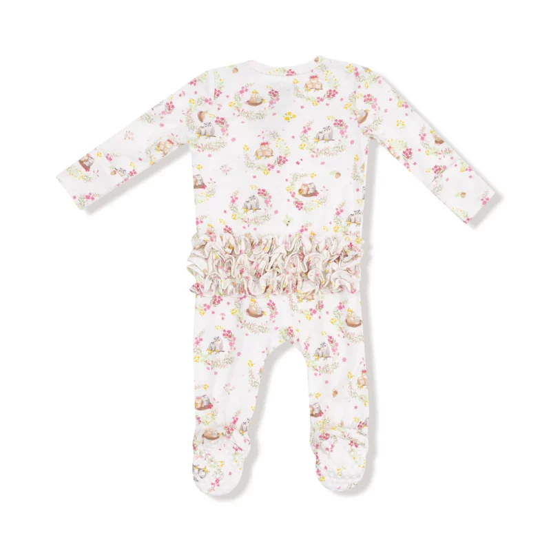 Floral Owl Families Bamboo Viscose Ruffle Zipper Footie