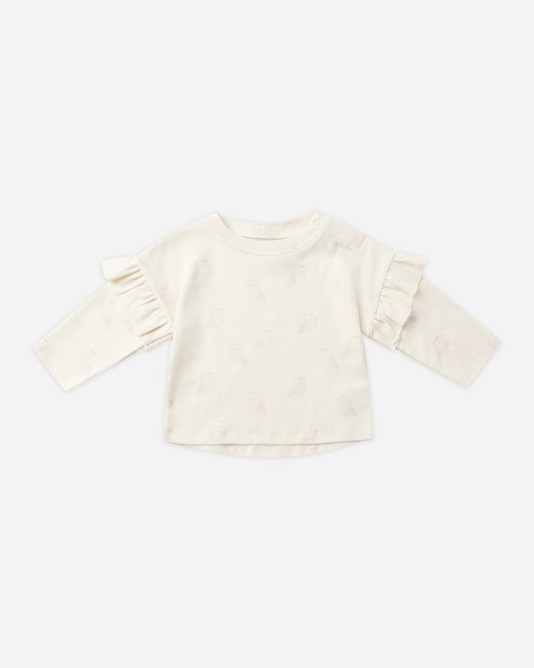 Ruffle Long Sleeve Tee in Snow Owls from Quincy Mae
