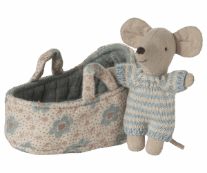 Maileg Baby Mouse In Carry Cot In Blue