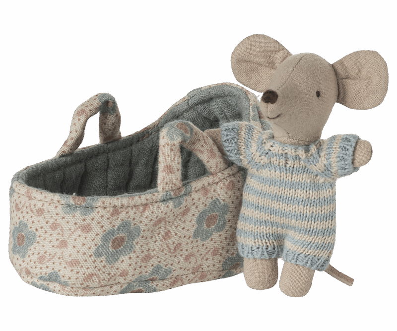 Maileg Baby Mouse In Carry Cot In Blue Maileg Baby Mouse In Carry Cot In Blue