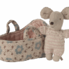 Maileg Baby Mouse In Carry Cot In Rose