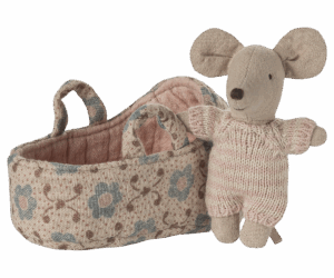 Maileg Baby Mouse In Carry Cot In Rose