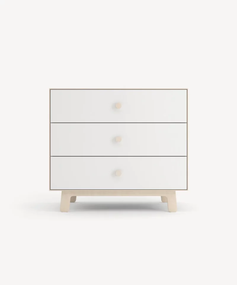 Sparrow_3D-Dresser_Birch_Product_High-res_Graybg_01 Oeuf Sparrow 3 Drawer Dresser with White Body and Birch Legs and Accents