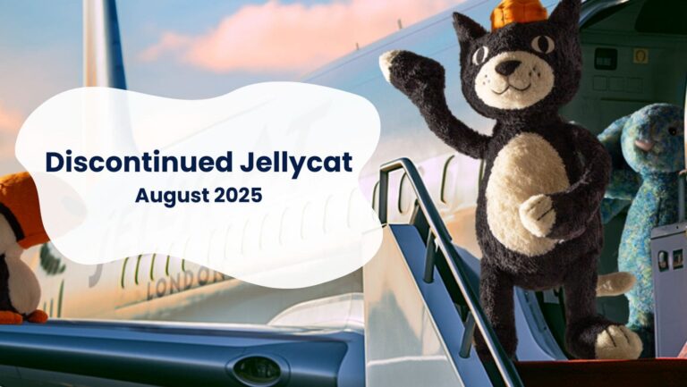 Discontinued Jellycat from August 2025 including a number of Jellycat Bags, Fudge Bashful Puppy, Fergus Frog and more